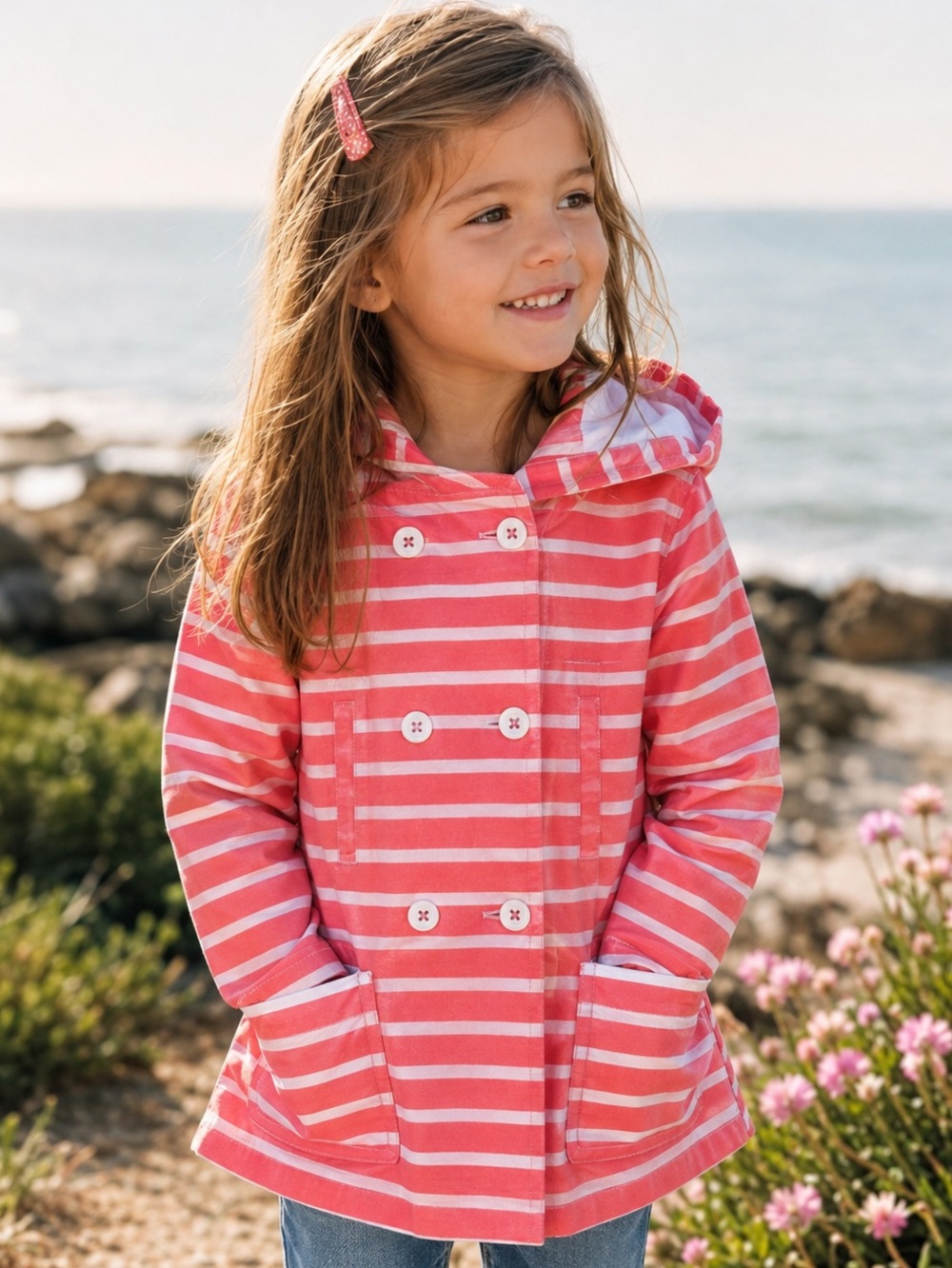 Petit Bateau Girls Coral Striped Hooded Raincoat Size 4 Premium French Brand